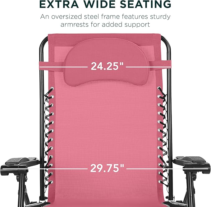 Best Choice Products Oversized Zero Gravity Chair, Folding Outdoor Patio Lounge Recliner w/Cup Holder Accessory Tray, Pillow - Pink