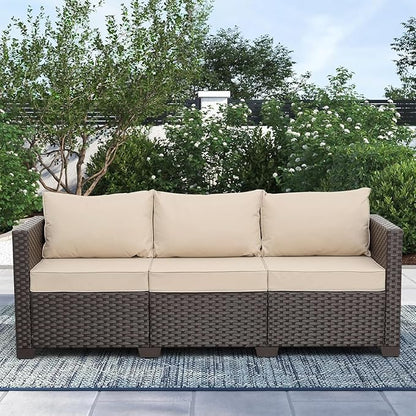 Wicker Outdoor Couch 3-seat Sofa Outdoor Furniture Deep Seat Hight Backrest Patio Furniture with Waterproof Cover Anti-Slip Cushions(Beige)