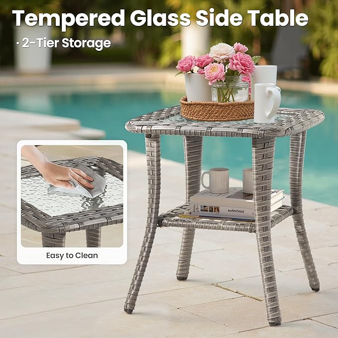 ovios Outdoor Side Table with Tempered Glass Top, Patio Wicker Rattan 2-Tier Storage Coffee End Tables for Porch Deck Balcony Garden Poolside (Grey-Small Size)