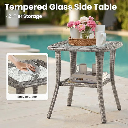 ovios Outdoor Side Table with Tempered Glass Top, Patio Wicker Rattan 2-Tier Storage Coffee End Tables for Porch Deck Balcony Garden Poolside (Grey-Small Size)