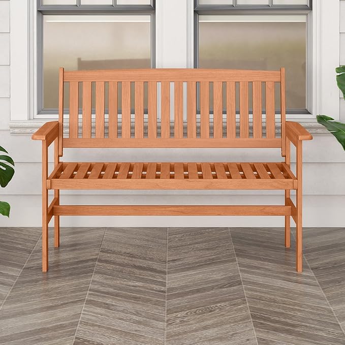 Tangkula Wooden Garden Bench, 2-Person Patio Loveseat with Slatted Backrest and Comfortable Armrests, Outdoor Bench for Porch, Backyard and Park, 530 lbs Weight Capacity