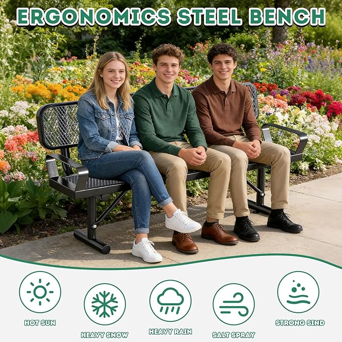 6Ft Outdoor Bench with Armrests & Back Portable Frame, Outdoor Steel Park Bench with Backrest, Expanded Metal Mesh Bench for Outside, Lawn, Backyard, Park, Deck, Garden, Patio, Porch, Black