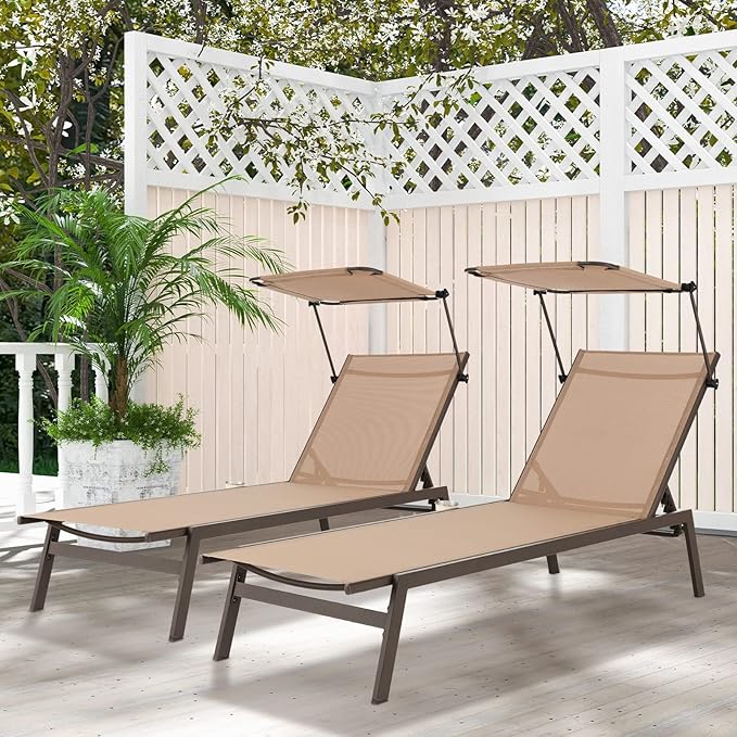 Tangkula 2 Pieces Patio Chaise Lounge Chair, Outdoor Recliner with Adjustable Canopy & Cup Holder, 6-Level Backrest - Photo 2