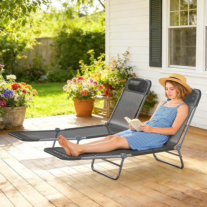 Outsunny 2 Piece Folding Chaise Lounge Chairs, Pool Sun Tanning Chairs with Reclining Back, Breathable Mesh Seat - Photo 5