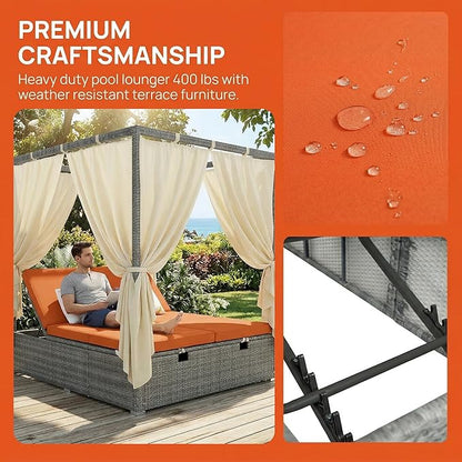 Harper & Bright Designs Adjustable Outdoor Sun Lounger with Canopy,Multi-Position Recline Patio Chair with Removable Cushion,Weather-Resistant Rattan Chaise Lounge for Poolside,Garden & Terrace,Orange