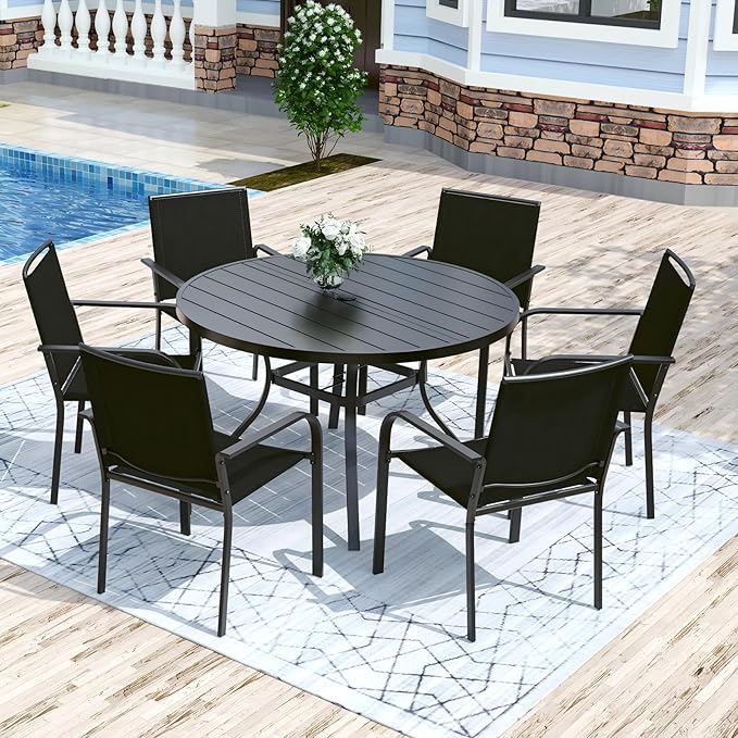 Round Outdoor Dining Table, 48 Inch All-Weather Patio Table with Adjustable Umbrella Hole for Deck Lawn Garden Backyard - Photo 6