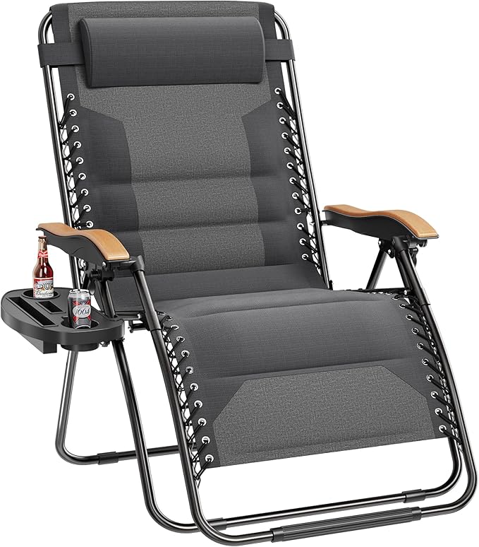 PHI VILLA XXL Oversized Padded Zero Gravity Chair, Foldable Patio Recliner, 30" Wide Seat Anti Gravity Lounger with Cup Holder, Support 400 LBS (Light Gray)