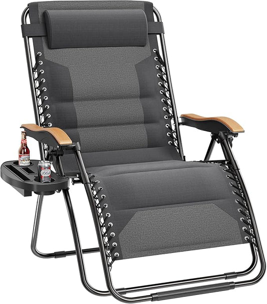 PHI VILLA XXL Oversized Padded Zero Gravity Chair, Foldable Patio Recliner, 30" Wide Seat Anti Gravity Lounger with Cup Holder, Support 400 LBS (Light Gray)