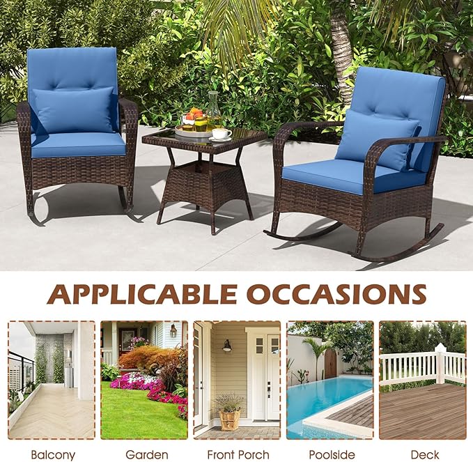 ORALNER 3 Pieces Patio Furniture Set, Outdoor Wicker Rocking Chairs with Cushions, Pillows, Glass Coffee Table - Photo 8