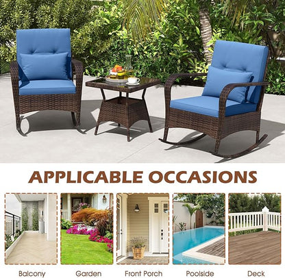 ORALNER 3 Pieces Patio Furniture Set, Outdoor Wicker Rocking Chairs with Cushions, Pillows, Glass Coffee Table, Rattan Bistro Rocker Set for Balcony Front Porch Poolside Garden Deck Yard (Navy)