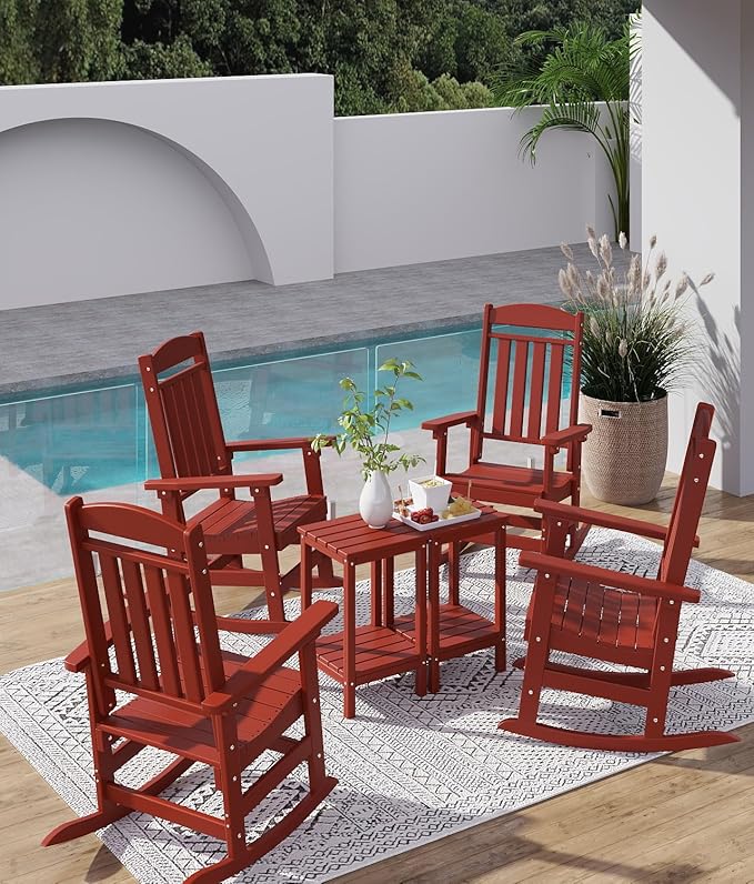 FOOWIN Outdoor Rocking Chair Set of 8, High Back Patio Rocking Chair, HDPE All Weather Resistant Porch Rocker for Adult, Oversized Rocking Chairs for Garden, Lawn, Indoor & Outdoor Use, Dark Red
