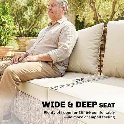 Outsunny Outdoor Patio Couch with Wide and Deep Seat, 3 Seater Wicker Outdoor Sofa with Wide Metal Armrests, Patio Furniture Couch with Cushions for Porch, Garden, Backyard, Beige | Removable Covers