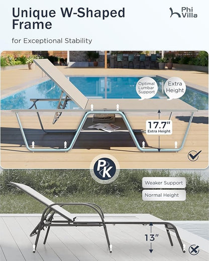 PHI VILLA 78" Oversized Outdoor Chaise Lounge Chair, 27" Extra Wide Foldable, 5-Position Adjustable, UV50+ Textilene Mesh, Rust-Proof Frame, Khaki Beige