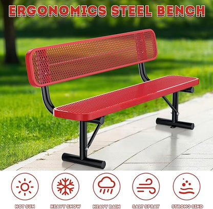 Heavy-Duty Park Bench for Outside - Black Coated Outdoor Furniture Steel Bench, Commercial-Grade Outdoor Benches Weatherproof for Park, Patio, Porch (Portable with Back, 4/6/8 Ft) (Red, 6FT)
