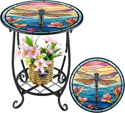 Outdoor Side Table Round Small Mosaic Patio Accent Indoor End Plant Coffee Tea Table for Yard Patio Porch Garden Living Room, Bedroom(Dragonfly Style,12 Inch)