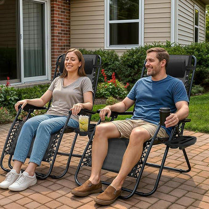 Magshion Zero Gravity Lounge Chairs Set of 2, Outdoor Patio Reclining Chair with Side Tray, Adjustable Anti-Gravity Recliners with Pillow Headrest, Folding Lounger for Lawn Camping Beach, Black