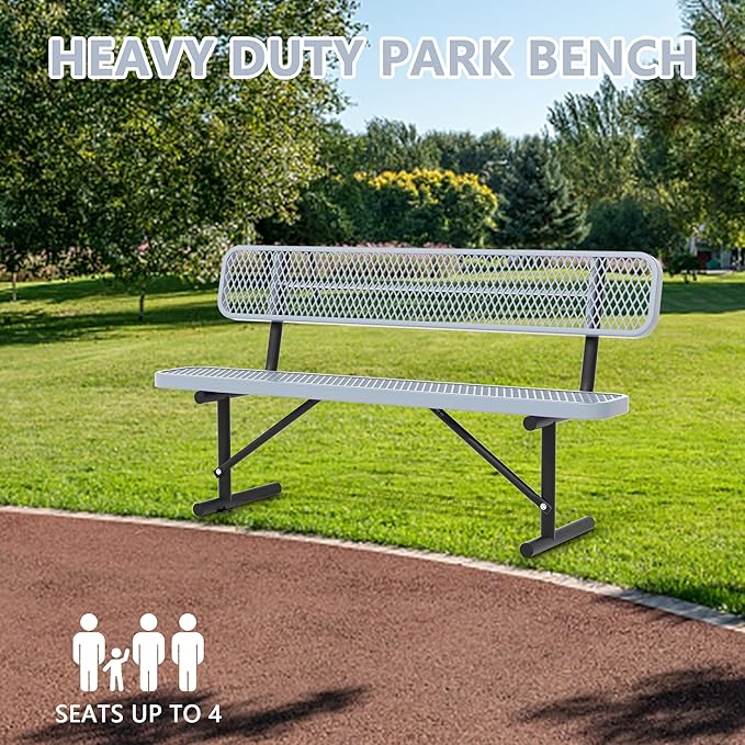 72" Metal Park Benches for Outside - Gray Outdoor Benches Heavy Duty Garden Weatherproof Bench with Backrest, Buddy Bench for Schools,Commercial Benches for Shopping Mall, Store, Yard, Patio