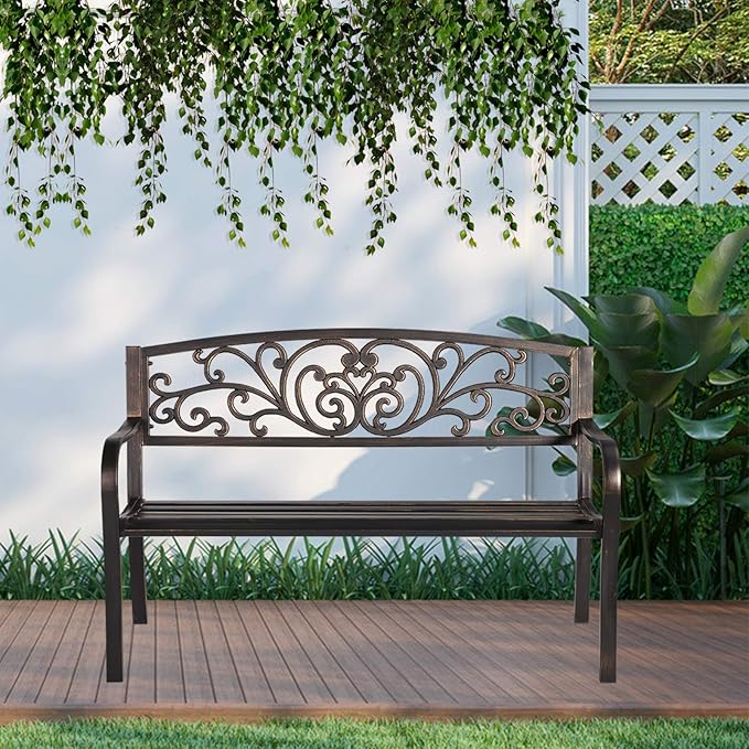 Patio Garden Bench Outdoor Metal Bench Park Yard Furniture Cast Iron Loveseats with Armrests for Porch Backyard Lawn Deck