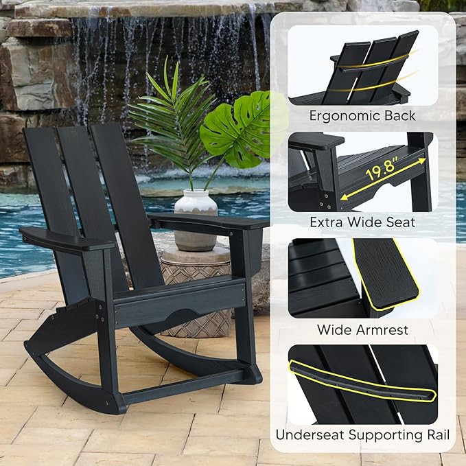 PROHIKER Adirondack Rocking Chair, HDPE All Weather Outdoor Patio Chair with High Backrest and Footboard, Indoor Adirondack Rocker for Lawn Garden Porch Backyard, Black