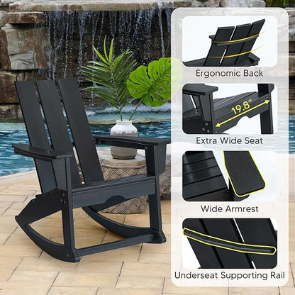 PROHIKER Adirondack Rocking Chair, HDPE All Weather Outdoor Patio Chair with High Backrest and Footboard, Indoor Adirondack Rocker for Lawn Garden Porch Backyard, Black