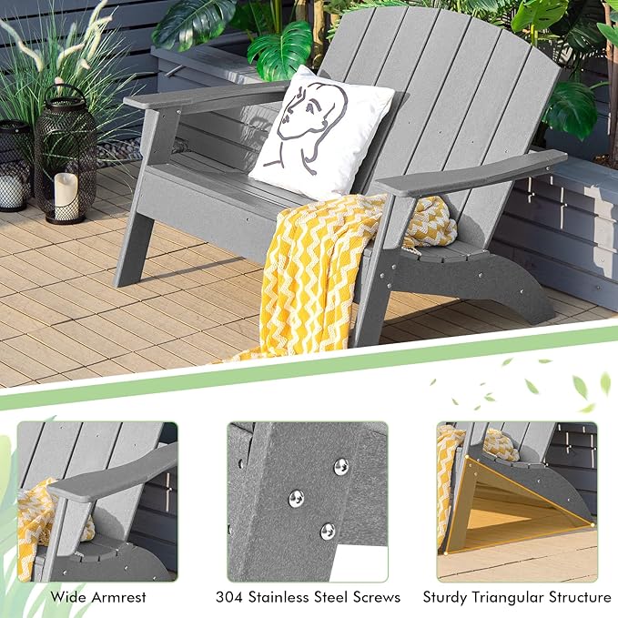 Giantex Adirondack Chair Outdoor Loveseat, High Density Polyethylene HDPE Material Adirondack Chairs Set of 2 People, Patio Adirondack Bench for Porch, Garden, Backyard Fire Pit Chair (2, Gray)