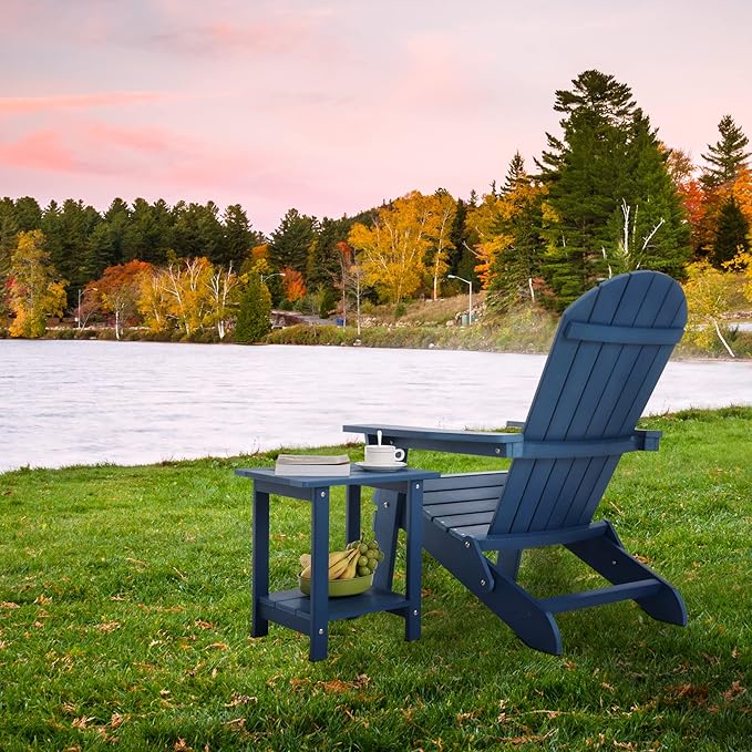 Melucivi Folding Adirondack Chair Weather Resistant Patio Chairs with Cup Holder, Plastic Adirondack Chairs for Outdoor, Backyard, Fire Pit, Deck, Garden, Campfire, Dark Blue