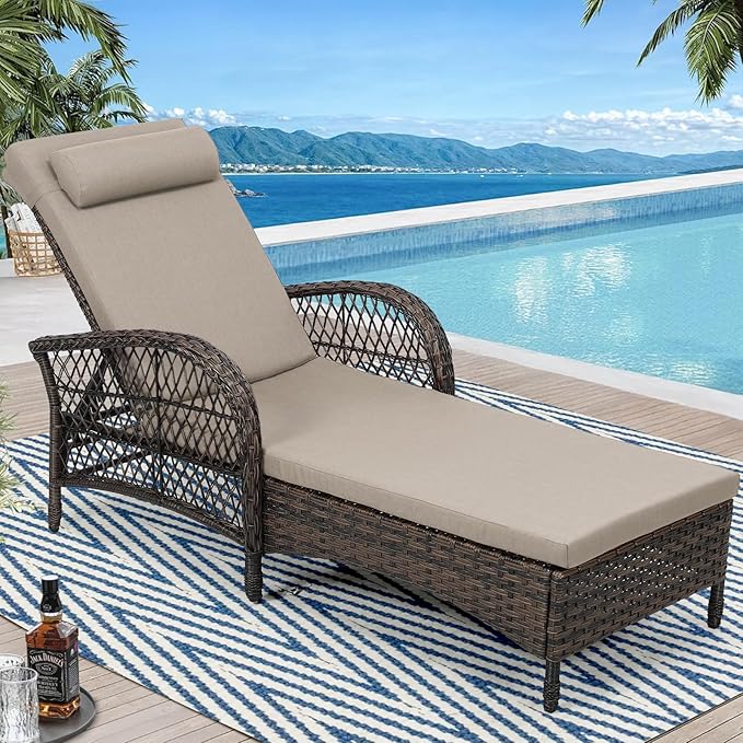 Outdoor Chaise Lounge Chair, PE Wicker Long Recliner Patio Lounge Chair with Cushion - Photo 1