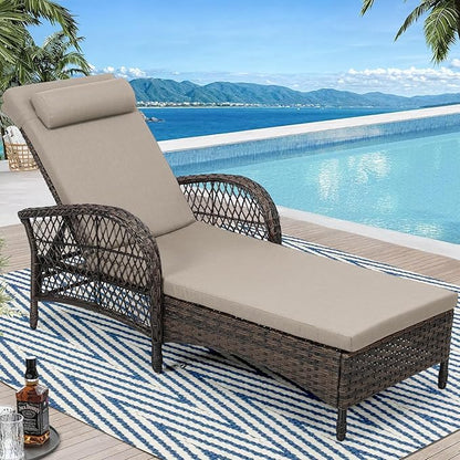 Outdoor Chaise Lounge Chair, PE Wicker Long Recliner Patio Lounge Chair with Cushion, 6-Position Patio Reclining Sun Lounger with Adjustable Backrest for Poolside, Armrest & Pillow, Beige