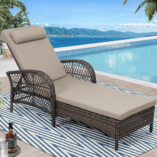 Outdoor Chaise Lounge Chair, PE Wicker Long Recliner Patio Lounge Chair with Cushion, 6-Position Patio Reclining Sun Lounger with Adjustable Backrest for Poolside, Armrest & Pillow, Beige