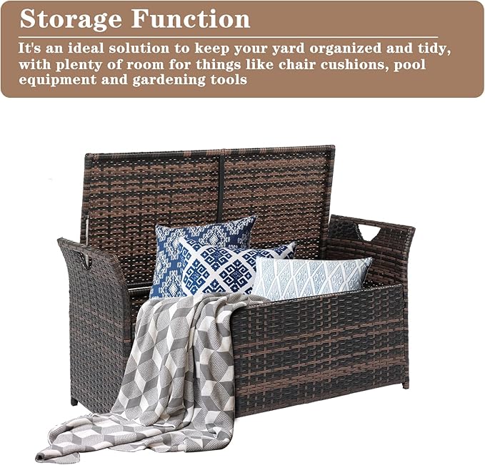 Outvita 40 Gallon Outdoor Storage Box, Patio Rattan Storage Bench with Cushion for Backyard, Balcony, Poolside, Garden, Brown