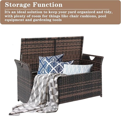 Outvita 40 Gallon Outdoor Storage Box, Patio Rattan Storage Bench with Cushion for Backyard, Balcony, Poolside, Garden, Brown