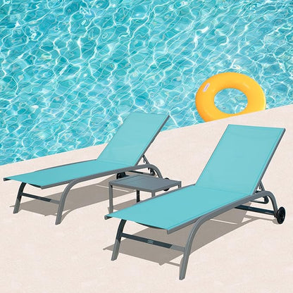 Domi Pool Lounge Chairs Set of 3, Adjustable Aluminum Outdoor Chaise Lounge with Wheels Patio Lounge Chairs with Side Table, All Weather for Deck Lawn Poolside Backyard-Turquoise Blue Textilene