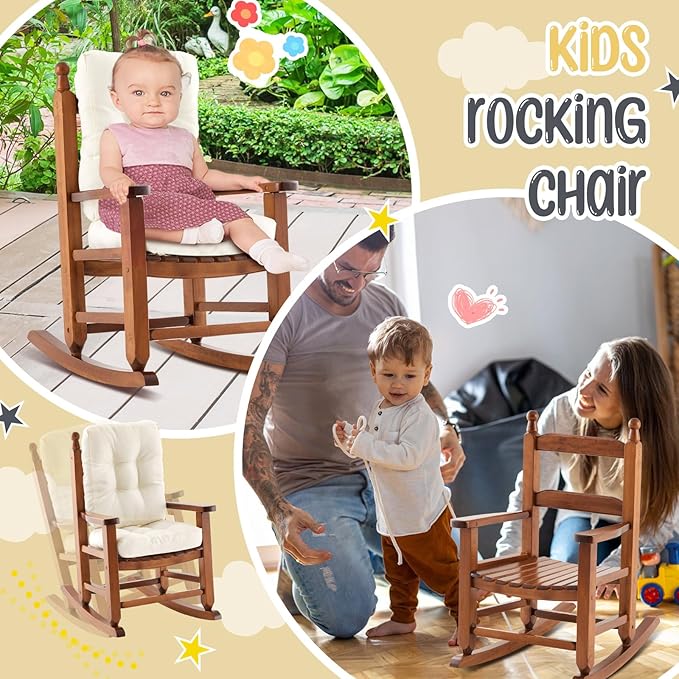 Kids Rocking Chair Cushion Pad Set Toddler Rocking Chair Indoor Outdoor Wooden Rocker Child Patio Rocker for Porch Balcony Lawn Indoor Outdoor(Brown,Ages 2-5)