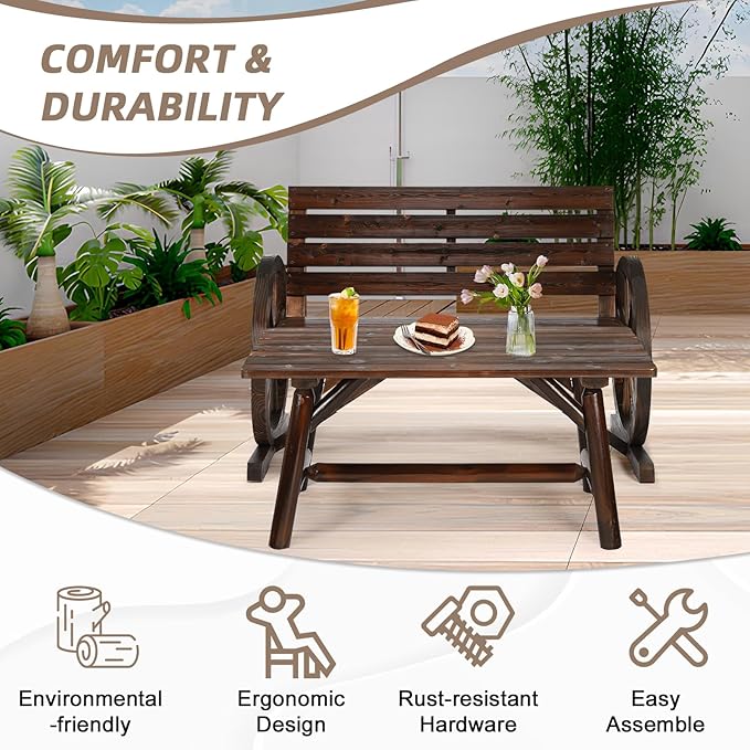 2-Piece Wooden Wagon Wheel Bench Set with Coffee Table, 2-Person Rustic Wood Garden Bench W/Wagon Wheel Armrests & Slatted Backrest, Outdoor Patio Loveseat Furniture Set for Lawn Yard Park