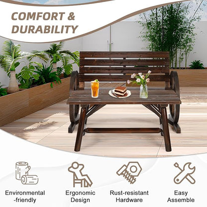 2-Piece Wooden Wagon Wheel Bench Set with Coffee Table, 2-Person Rustic Wood Garden Bench W/Wagon Wheel Armrests & Slatted Backrest, Outdoor Patio Loveseat Furniture Set for Lawn Yard Park