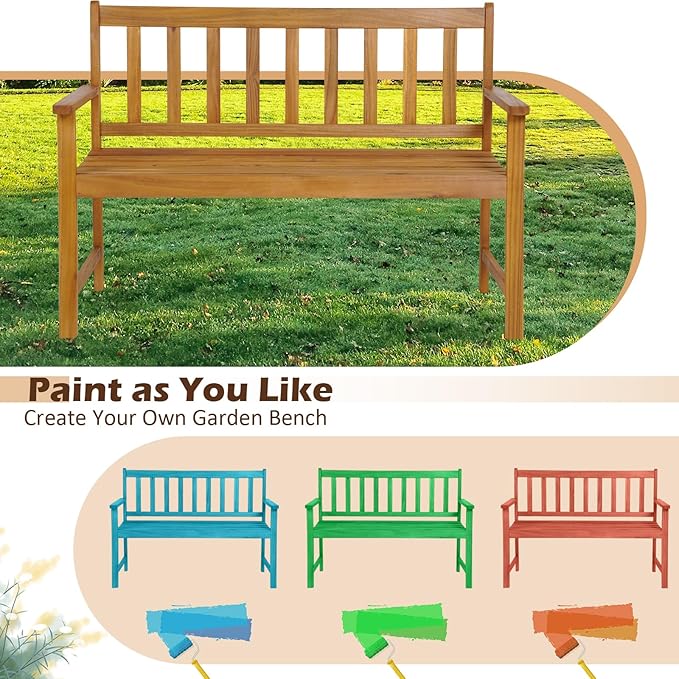 RELAX4LIFE Outdoor Bench Acacia Wood - 2-Person Garden Bench w/800 Lbs Weight Capacity, Slatted Wooden Loveseat w/Backrest & Armrests, Patio Park Chair for Front Porch Poolside Park Backyard (48'')