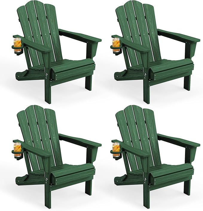 KINGYES Folding Adirondack Chair Set of 4, HDPE All-Weather Folding Adirondack Chair, Green
