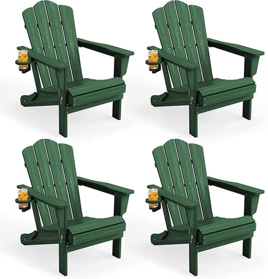 KINGYES Folding Adirondack Chair Set of 4, HDPE All-Weather Folding Adirondack Chair, Green