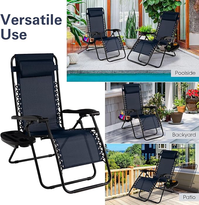 Goplus Zero Gravity Lounge Chairs, 160°Adjustable Folding Recliner w/Pillow and Cup Holder, 350LBS Comfy Outdoor Lounge Chairs for Patio, Lawn, Yard & Camp(1, Navy)