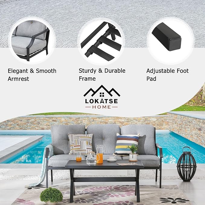 LOKATSE HOME Outdoor Patio Cushioned Loveseat 3 Seats Sofa Bench with Metal Coffee Table, Grey