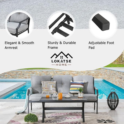 LOKATSE HOME Outdoor Patio Cushioned Loveseat 3 Seats Sofa Bench with Metal Coffee Table, Grey