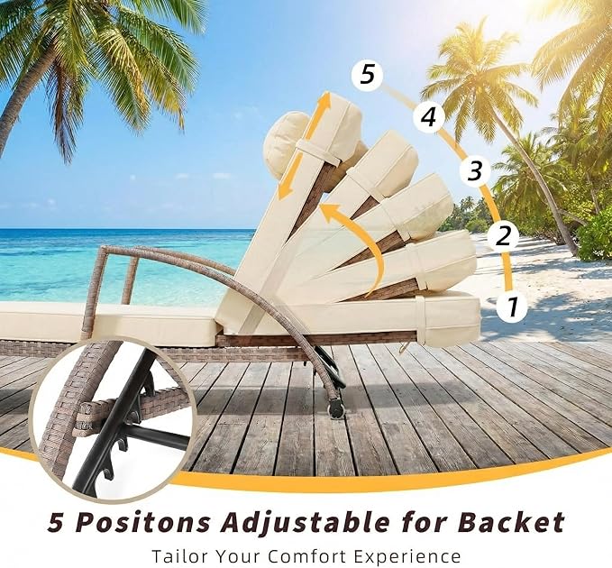 GarveeHome Outdoor Chaise Lounge Set of 2, Weather-Resistant PE Rattan Recliners with 5 Adjustable Positions, Wheels - Photo 4