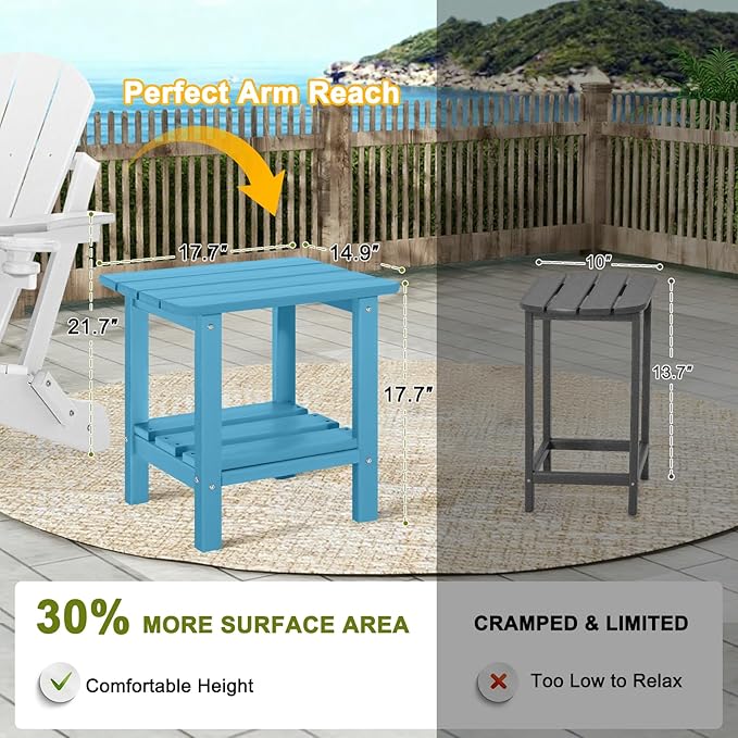 Set of 2 Outdoor Side Table, 2-Tier Small Patio End Table, Weather Resistant HDPE Adirondack Outdoor End Tables for Garden, Lawn, Pool, Beach, Porch, Deck, Backyard - Square, Turquoise