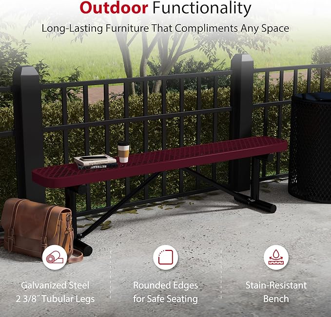 Leisure Craft Metal Outdoor Bench - 6 Foot Heavy Duty Backless Bench Seating for Garden, Porch, Picnic, Park, Expanded Metal, Thermoplastic Coating, Commercial Grade Furniture Made in USA - Burgundy