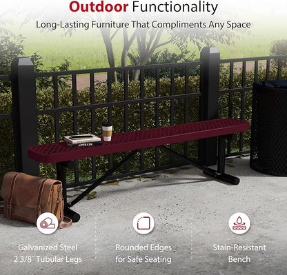 Leisure Craft Metal Outdoor Bench - 6 Foot Heavy Duty Backless Bench Seating for Garden, Porch, Picnic, Park, Expanded Metal, Thermoplastic Coating, Commercial Grade Furniture Made in USA - Burgundy