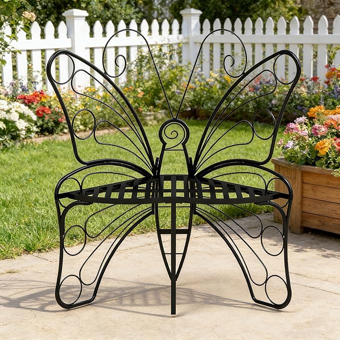 Small Metal Butterfly Garden Bench, Outdoor Benches Weatherproof, Patio Porch Bench for Outdoors, Outdoor Butterfly Chair Armless for Front Porch/Yard/Entryway (A-Black)