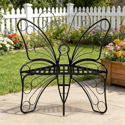 Small Metal Butterfly Garden Bench, Outdoor Benches Weatherproof, Patio Porch Bench for Outdoors, Outdoor Butterfly Chair Armless for Front Porch/Yard/Entryway (A-Black)