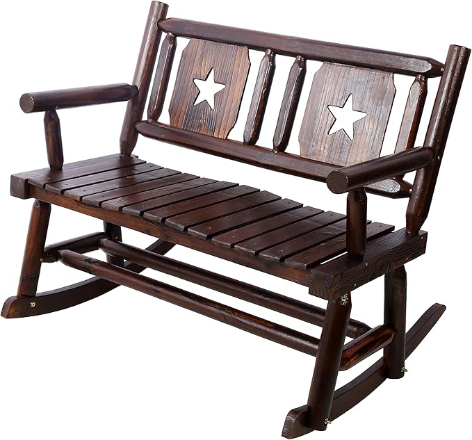 Outdoor Wood Rocking Chair, All-Weather Resistant 2-Person Loveseat,Heavy Duty Bench with Wide Curved Seats, Modern Solid Wood Rocking Loveseat for Patio, Backyard, Garden,Porch, Rustic Brown