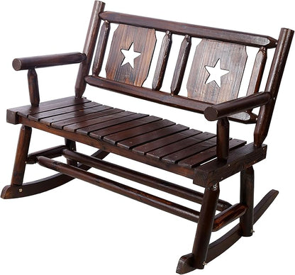 Outdoor Wood Rocking Chair, All-Weather Resistant 2-Person Loveseat,Heavy Duty Bench with Wide Curved Seats, Modern Solid Wood Rocking Loveseat for Patio, Backyard, Garden,Porch, Rustic Brown
