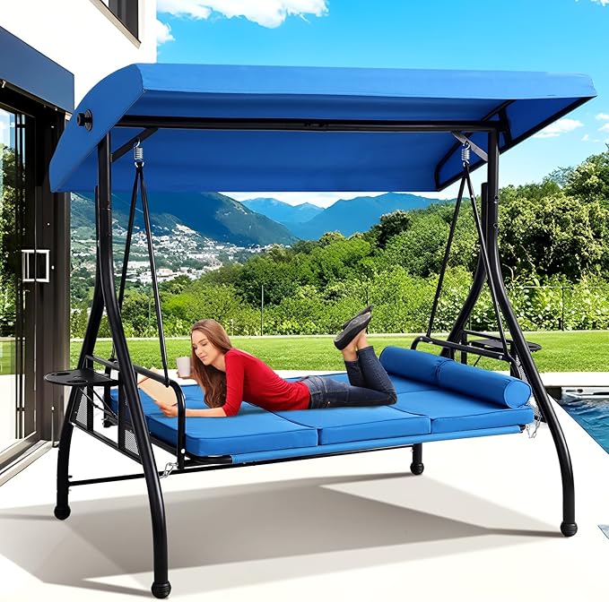 Grepatio 3-Seat Outdoor Porch Swing with Adjustable Canopy, 3 Person Convertible Porch Swing Bed with Stand, Heavy Duty Patio Swing with Cup Holder and Pillows, Cushion for Garden, Poolside (Blue)